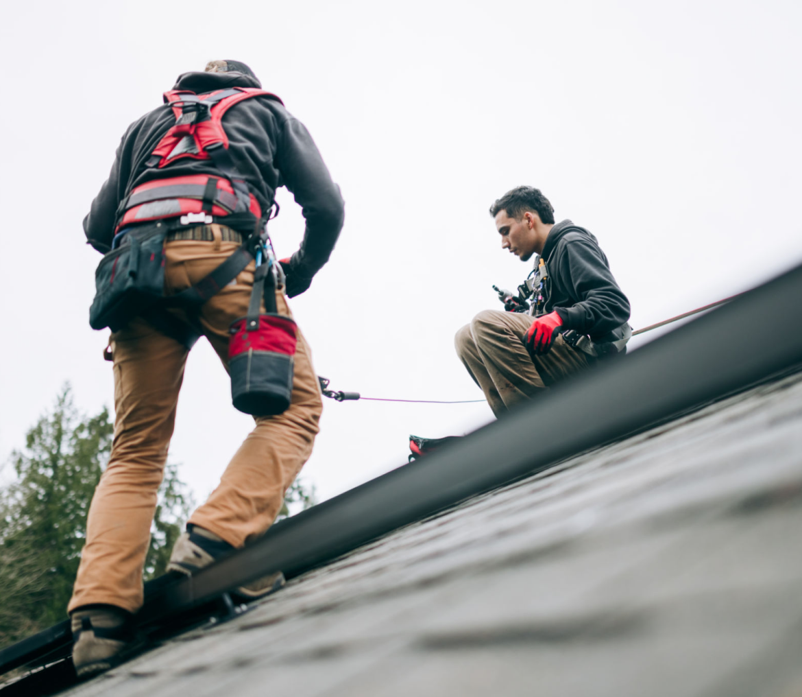 Workers on roof with safety harnesses