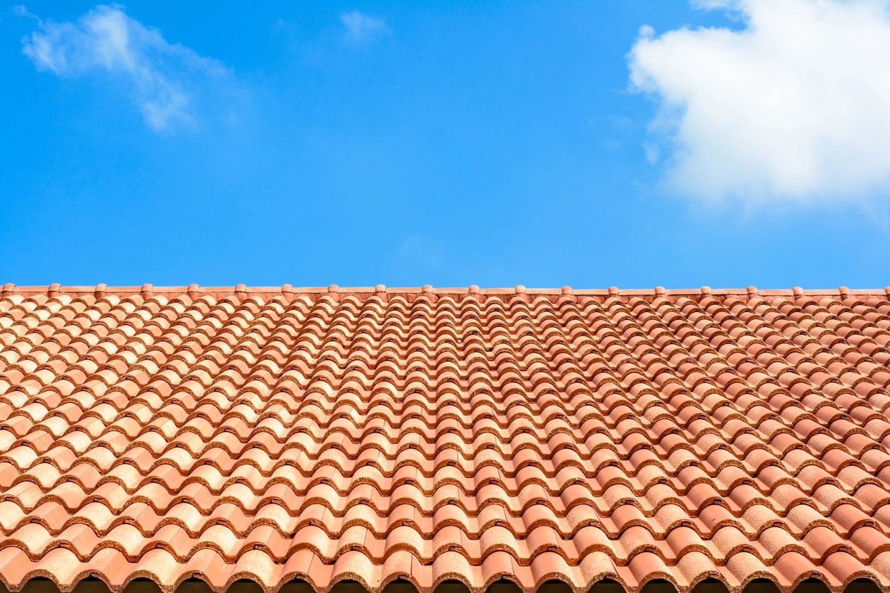 Sunny day over terracotta roof tiles