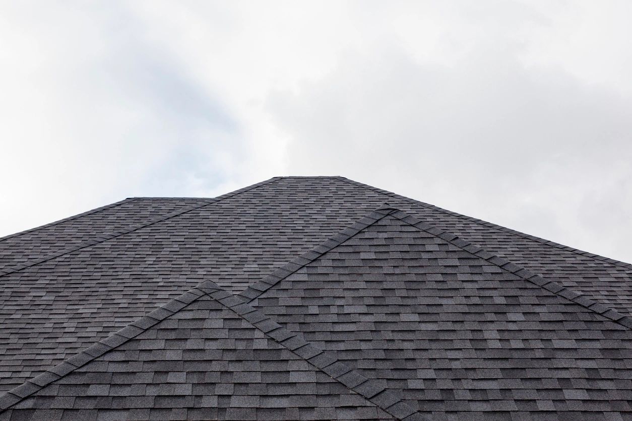 Dark shingled roof against cloudy background